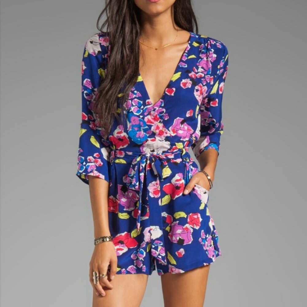 Yumi Kim Blue Floral Wrap Romper with Pink, White & Green Accents